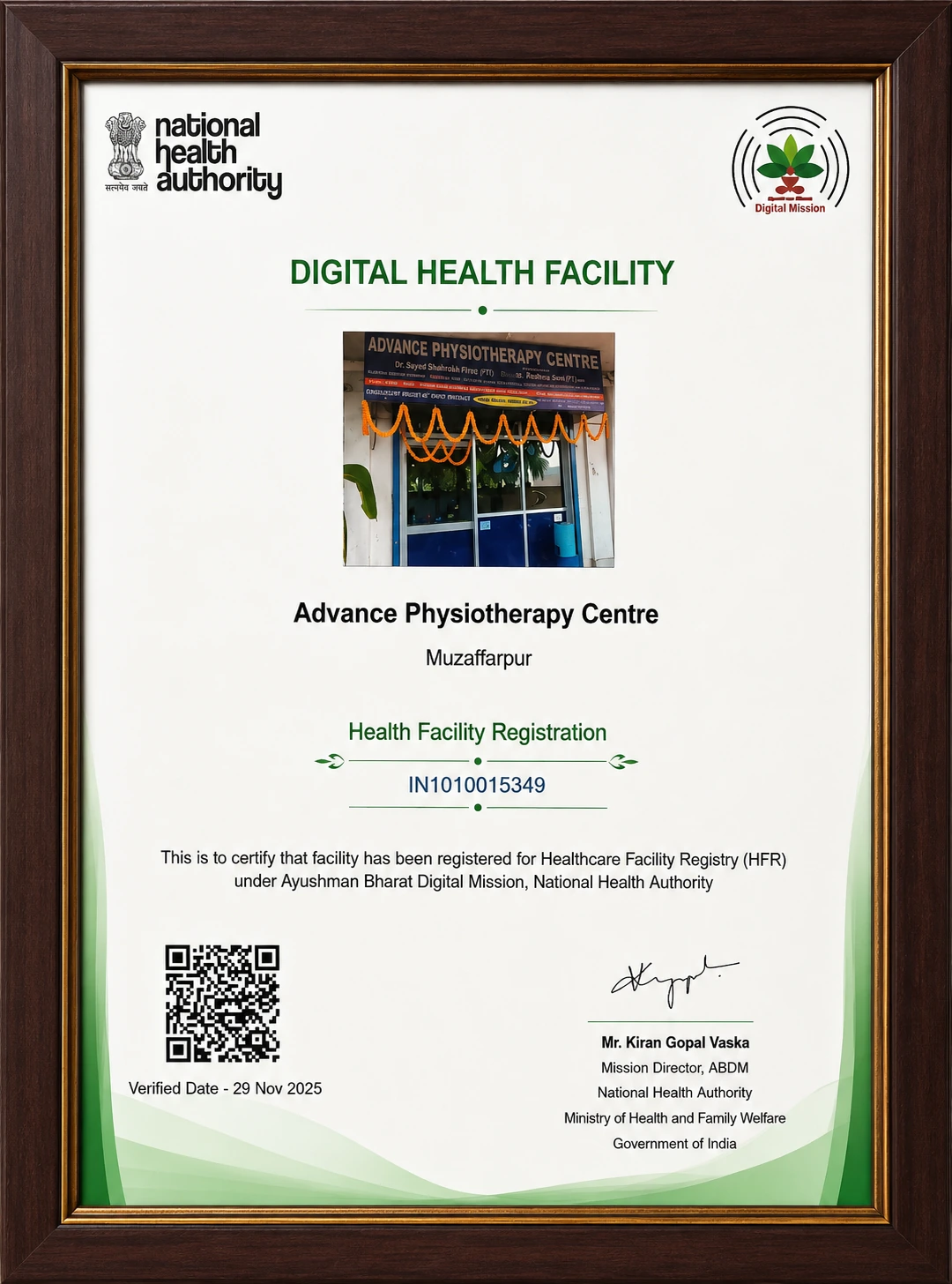 National Health Authority ABDM Registration Certificate for Advance Physiotherapy Centre Muzaffarpur