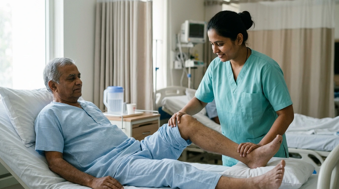 Bedside gentle physiotherapy mobility care session for recovering patient