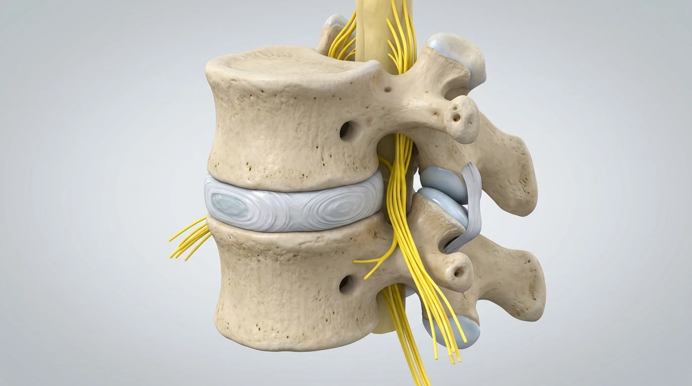 Realistic 3D educational visualization of the cervical spine showing vertebrae, discs, and nerve structures