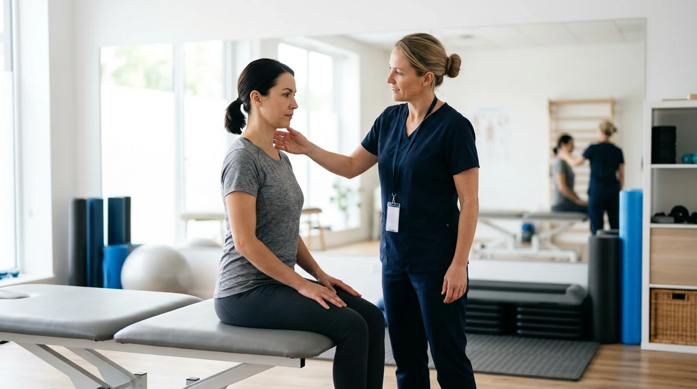Qualified physiotherapist gently assessing adult patient neck and shoulder movement in modern clean clinic in Muzaffarpur
