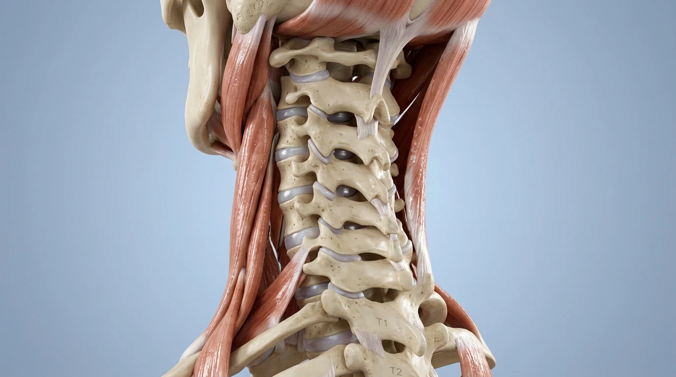 Educational 3D anatomical visualization of the human cervical spine showing vertebrae C1 to C7 and neck structures