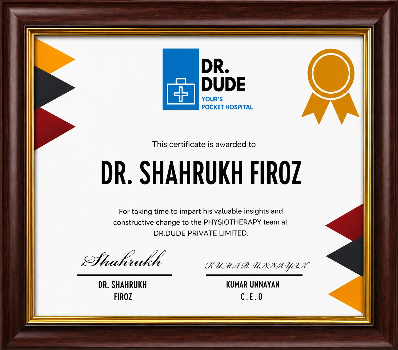 Dr. Dude Pocket Hospital Certificate of Appreciation for Dr. Shahrukh Firoz