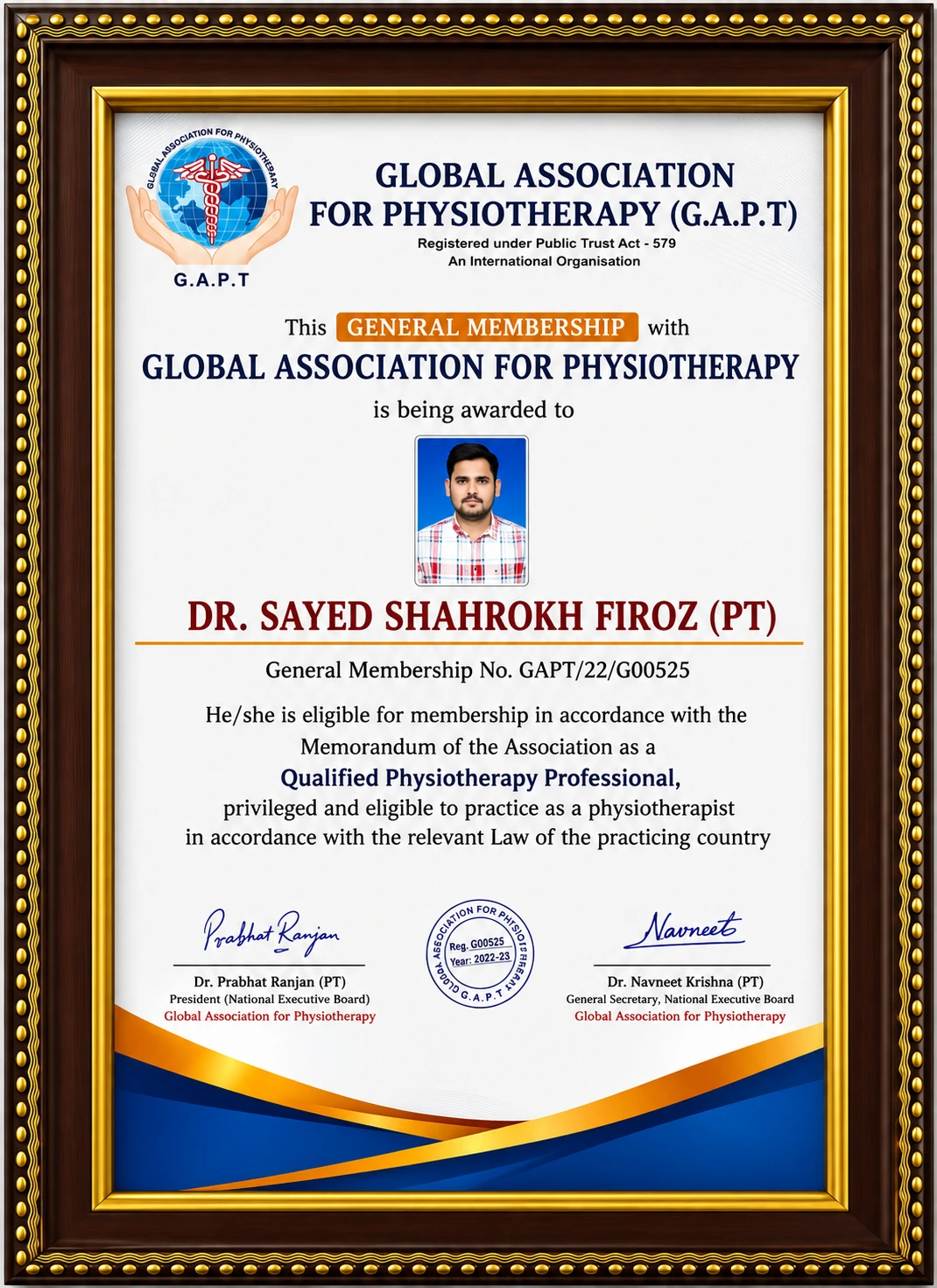 Global Association for Physiotherapy Membership Certificate for Dr. Sayed Shahrukh Firoz