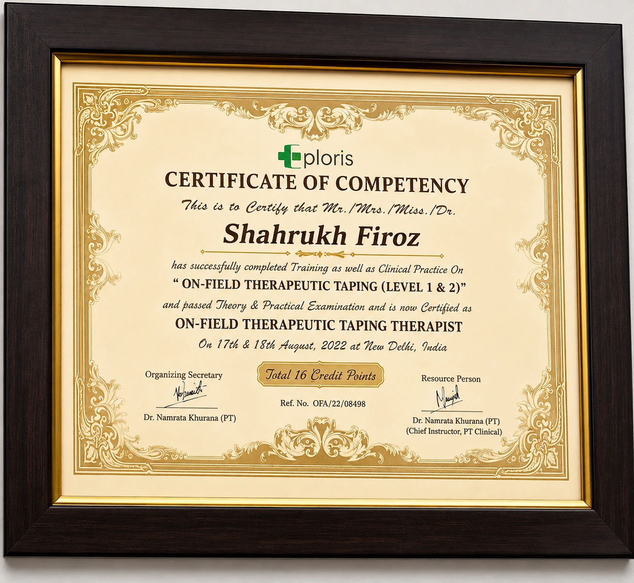 EPLORIS Certificate of Competency as On-Field Therapeutic Taping Therapist for Dr. Shahrukh Firoz