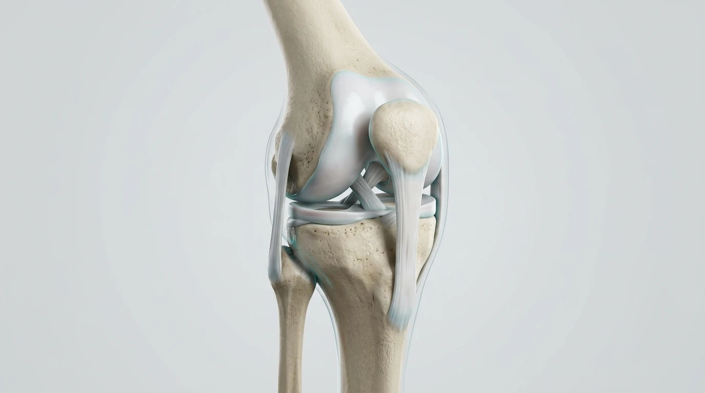 Educational 3D anatomical visualization of the human knee joint showing femur, tibia, patella, cartilage, and meniscus