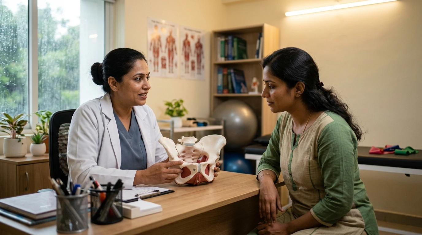 Educational discussion on pelvic floor health and posture in private clinical room