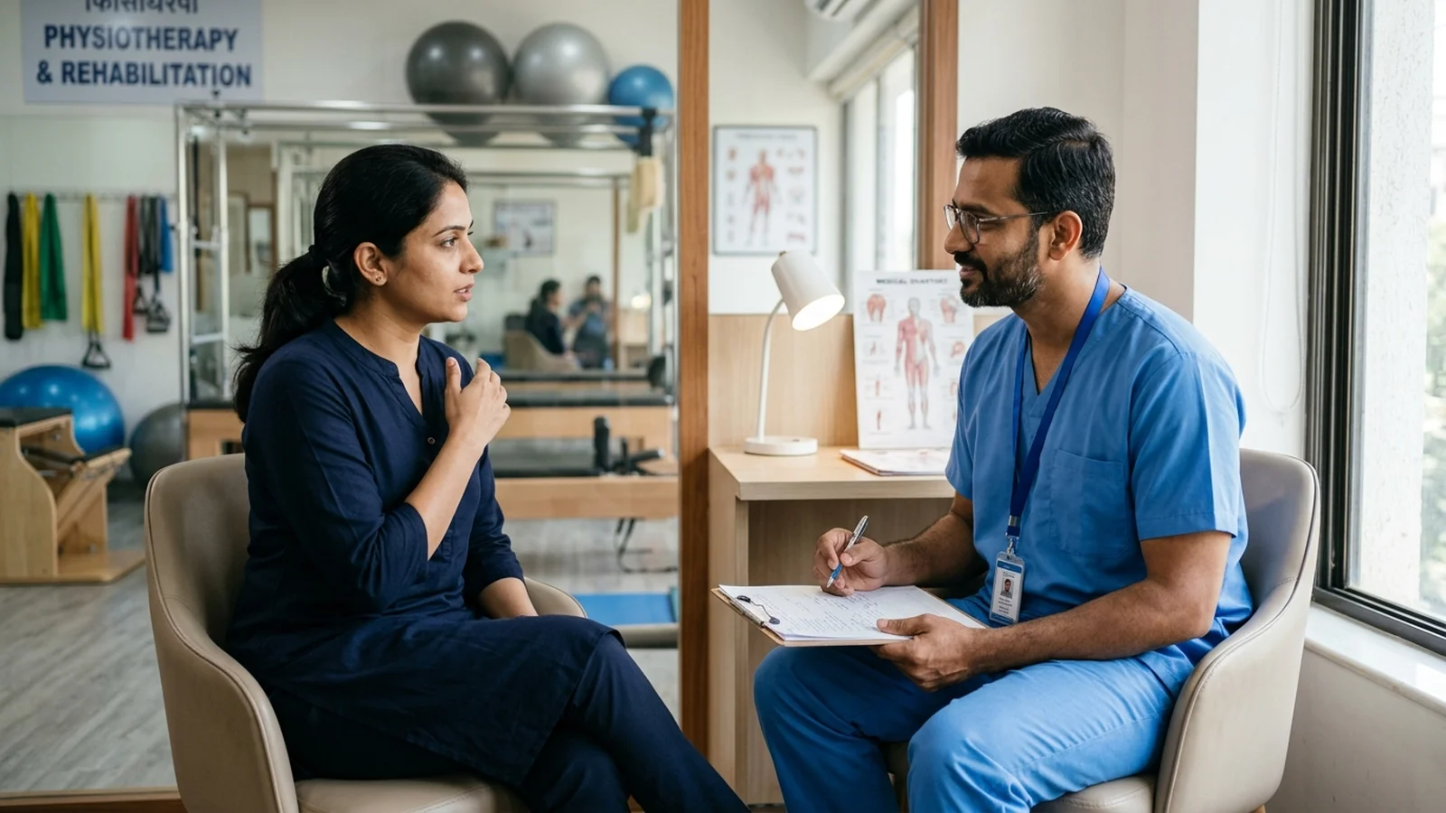Physiotherapist discussing a patient's rehabilitation plan
