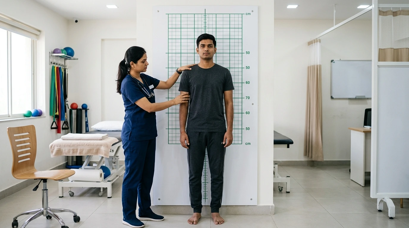 Physiotherapist explaining ergonomic workstation adjustment and posture tips