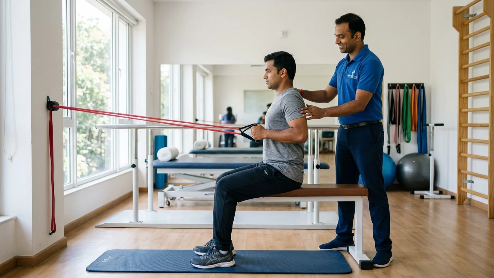 Patient performing supervised physiotherapy rehabilitation exercise