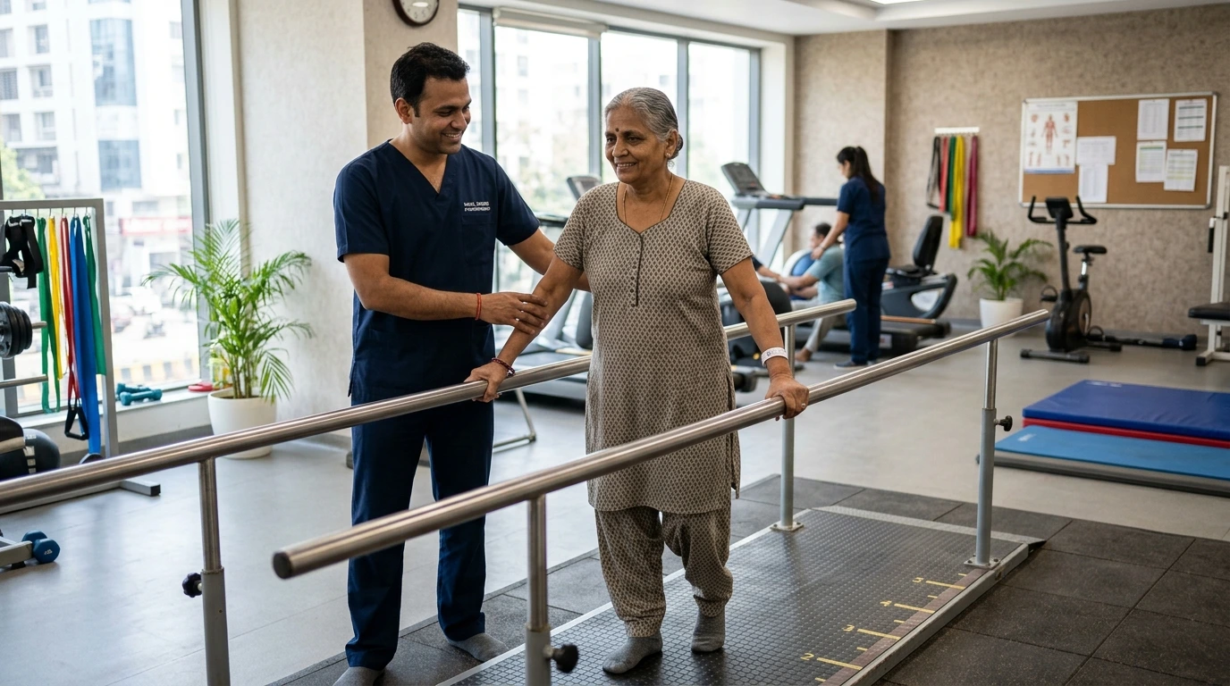 Post-hospital mobility rehabilitation session with physiotherapist providing safe walking support