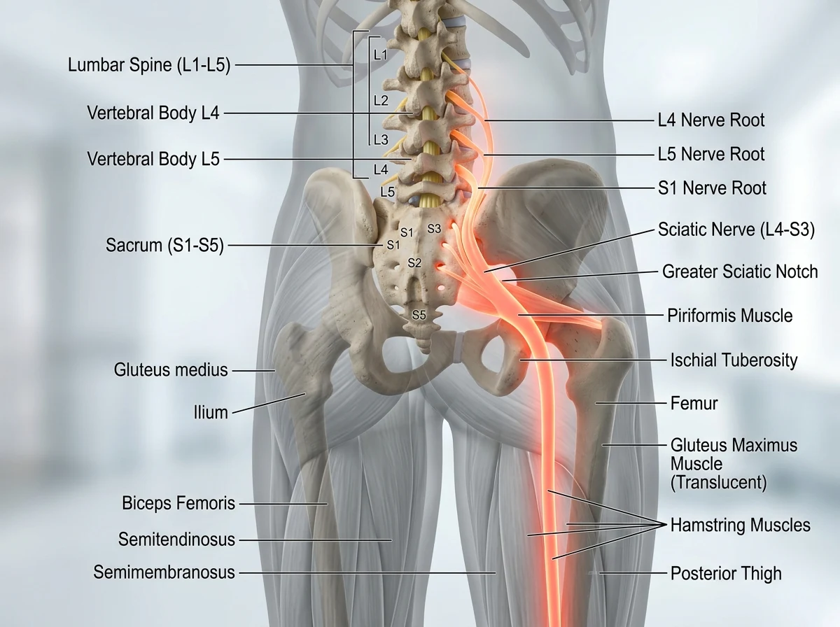 Medical educational visualization of human body showing common regions associated with back pain and sciatic nerve pathway