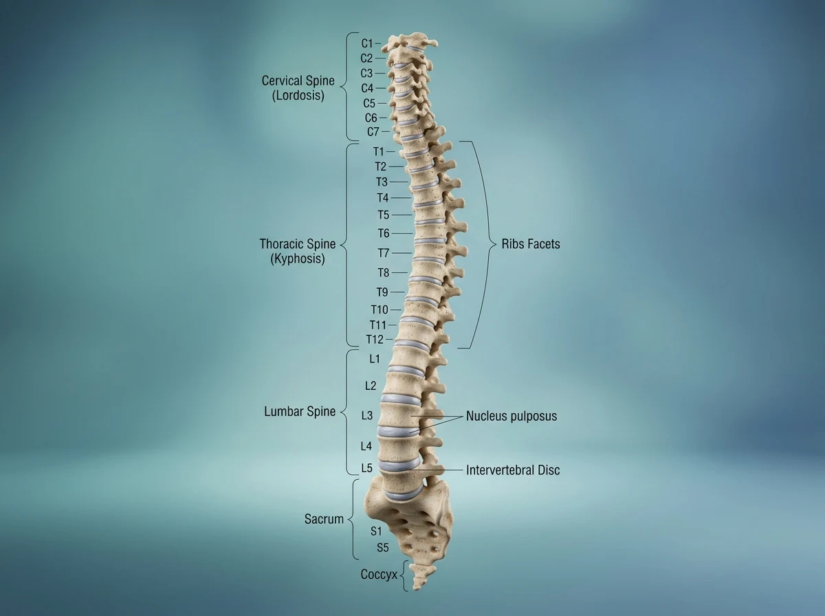 Educational 3D anatomical visualization of the human spine showing cervical, thoracic, lumbar, and sacrum regions