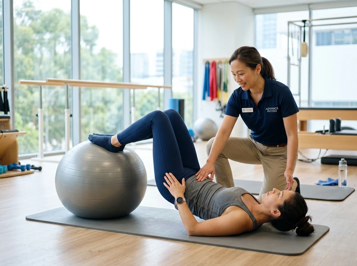 Educational visual demonstrating controlled functional lower-limb mobility and strength exercises