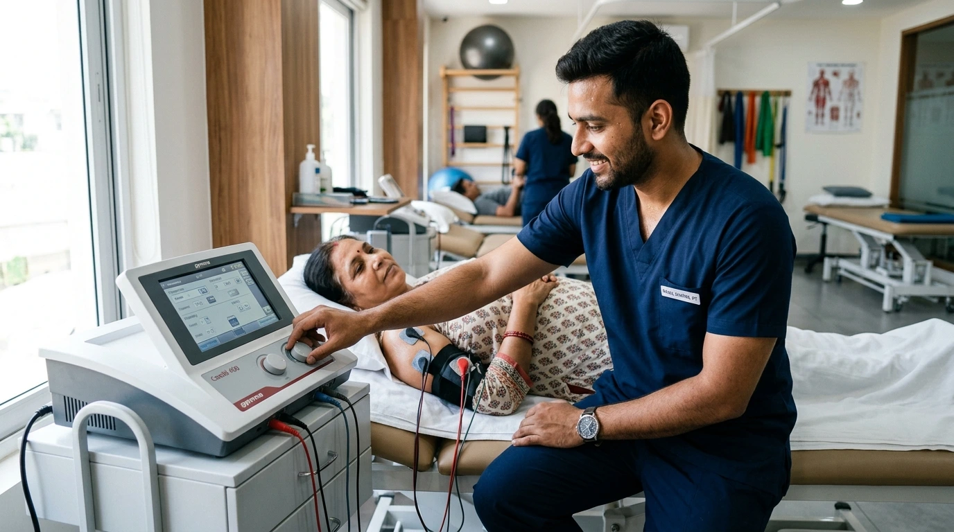 Physiotherapist monitoring therapeutic ultrasound and electrotherapy application